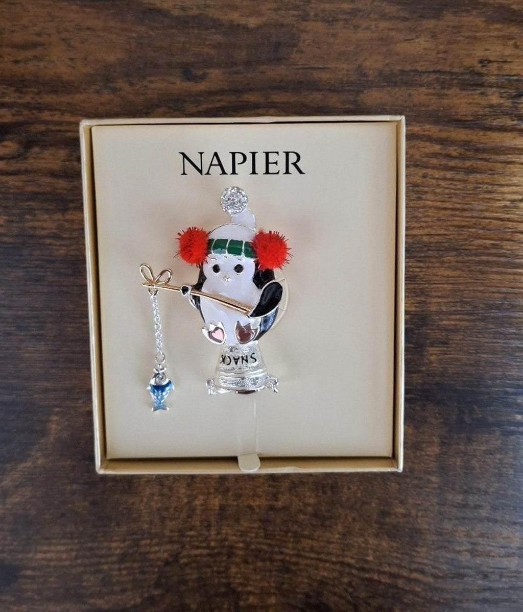Napier silver-tone enamel penguin fishing pin in gift box, silver chain charm