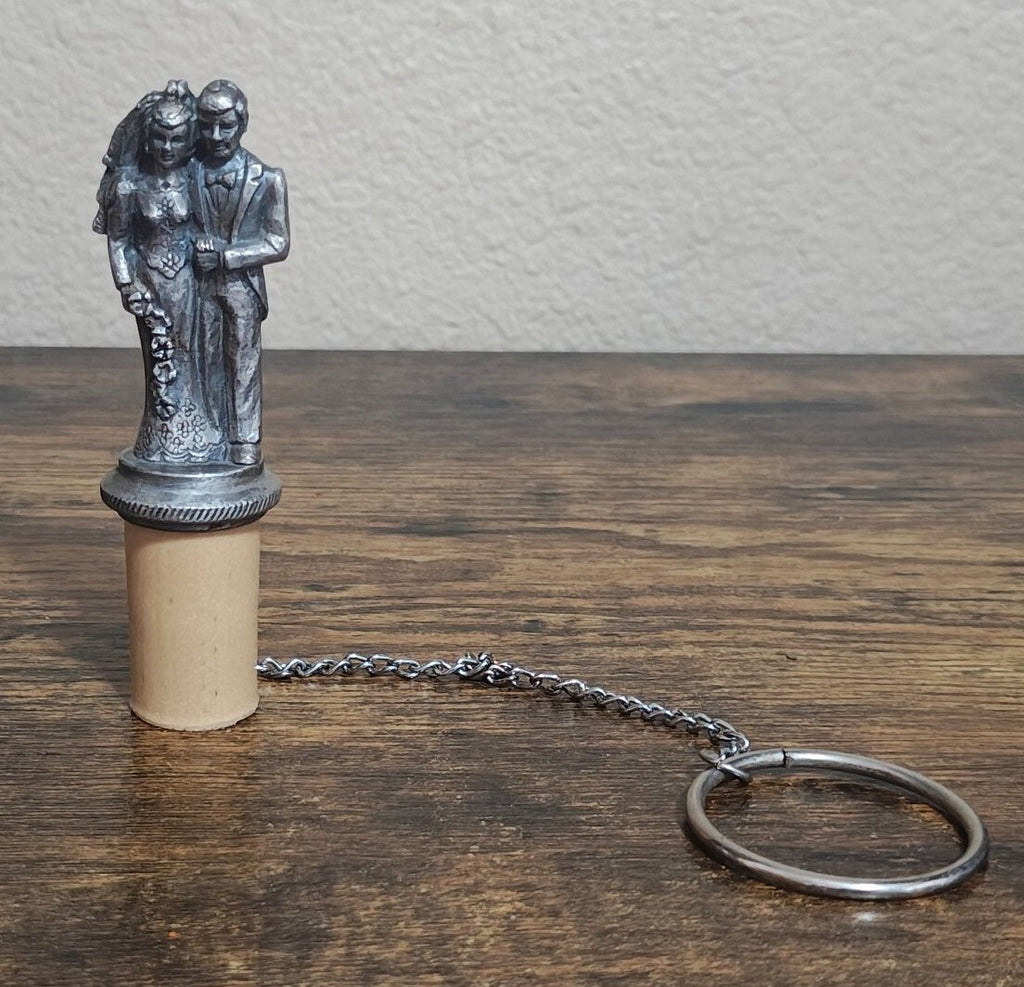1980s Pewter Bride & Groom Wine Bottle Stopper