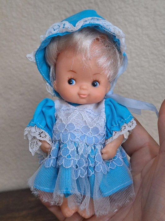 1970's Miniature Baby Doll With Blue Dress and Blue Eyes