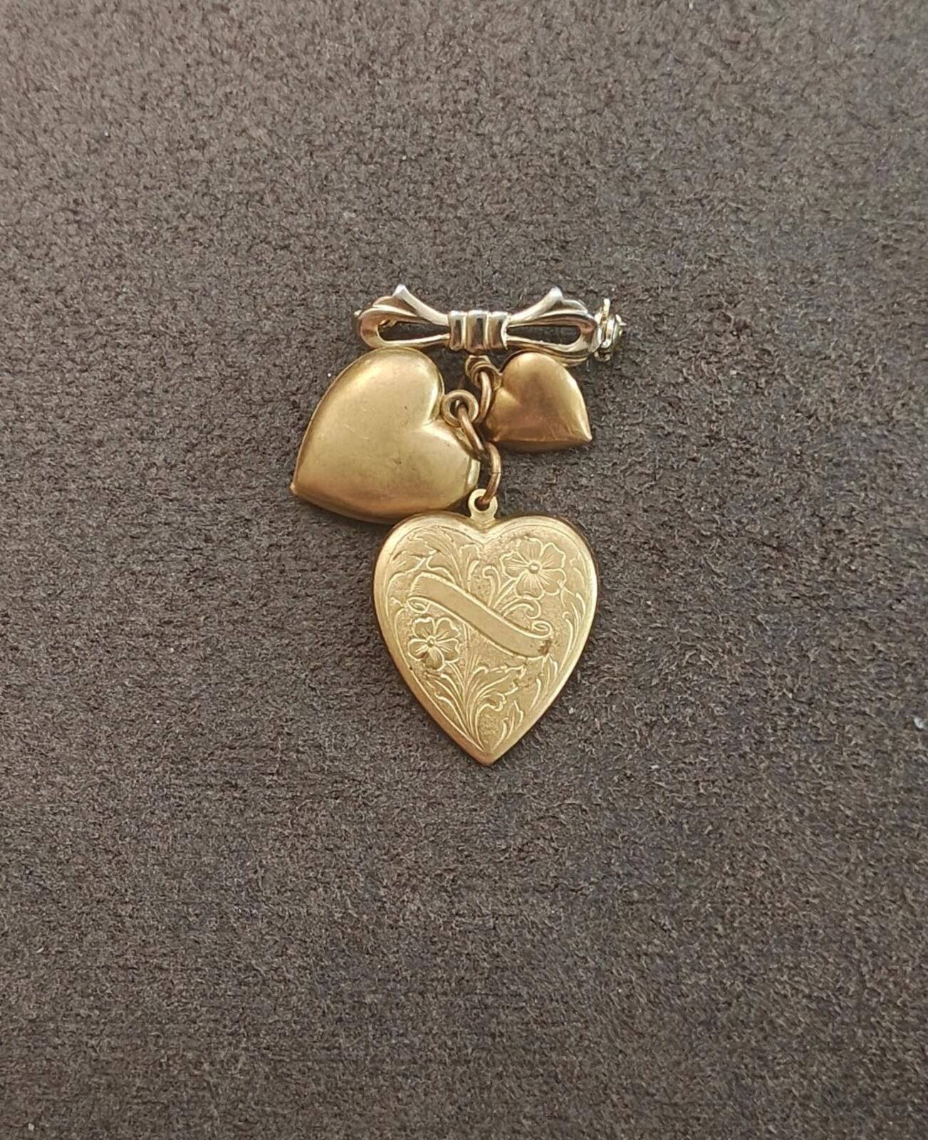 1980s Gold Tone Three Heart With Bow Dangle Brooch