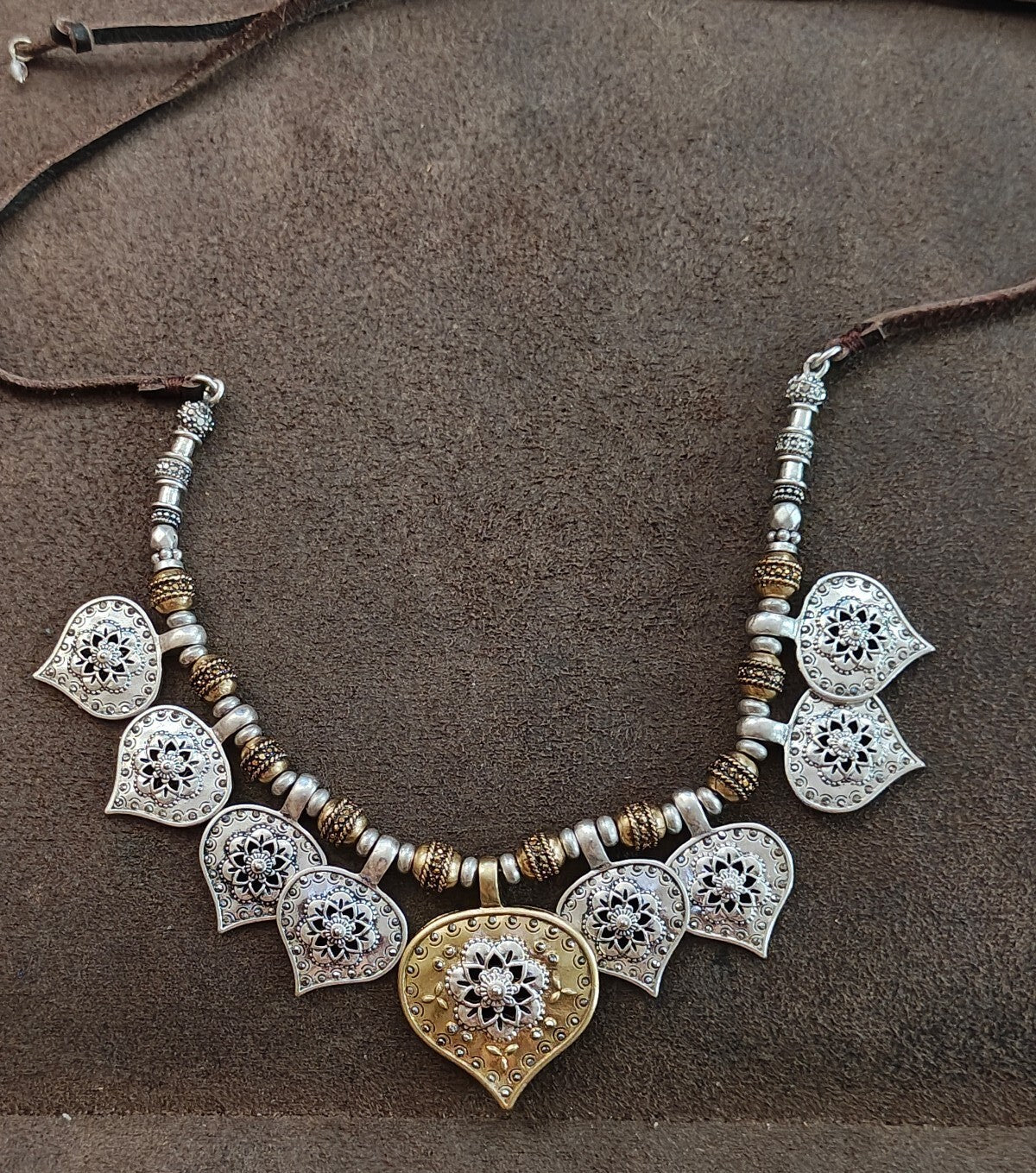 Lucky Brand Two Tone Medallion Bead & Adjustable Leather Cord Pendant Necklace