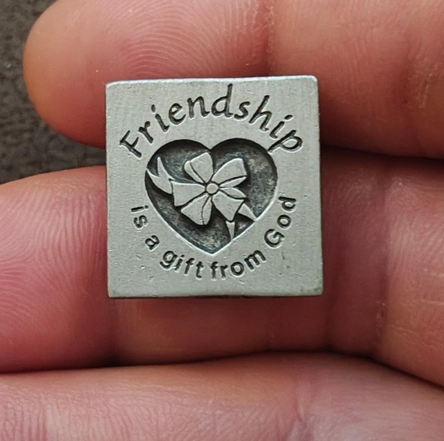 80s "Friendship is a gift from God" Pewter Pin With Engraved Heart & Ribbon