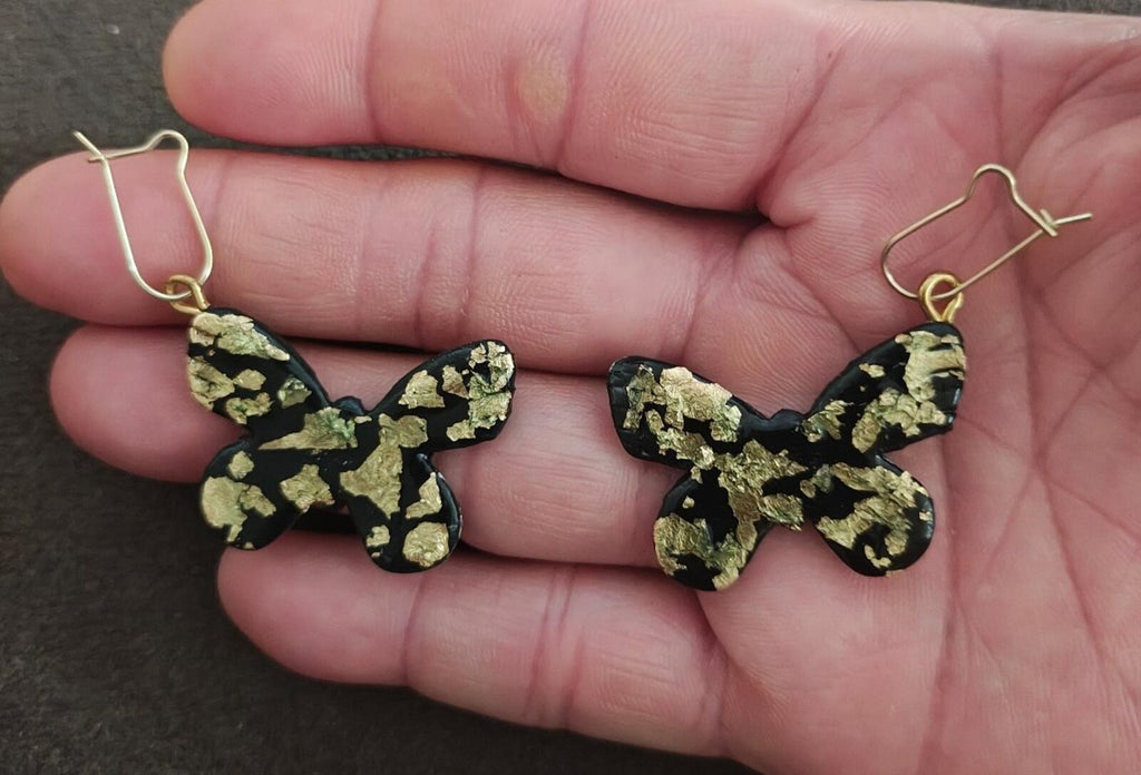 Handmade Black Polymer Clay Butterfly Earrings With Striking Gold Leaf Flakes