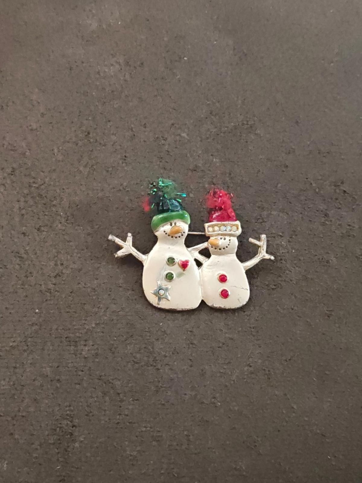 1980s Silver Tone With iridescent Rhinestones Two Snowman Enamel Brooch