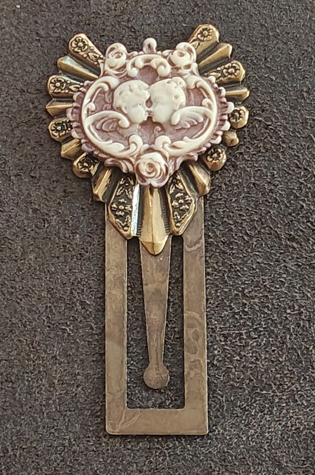 1990s Ornate Brass Cherub Cameo Bookmark/Victorian Revival Page Marker