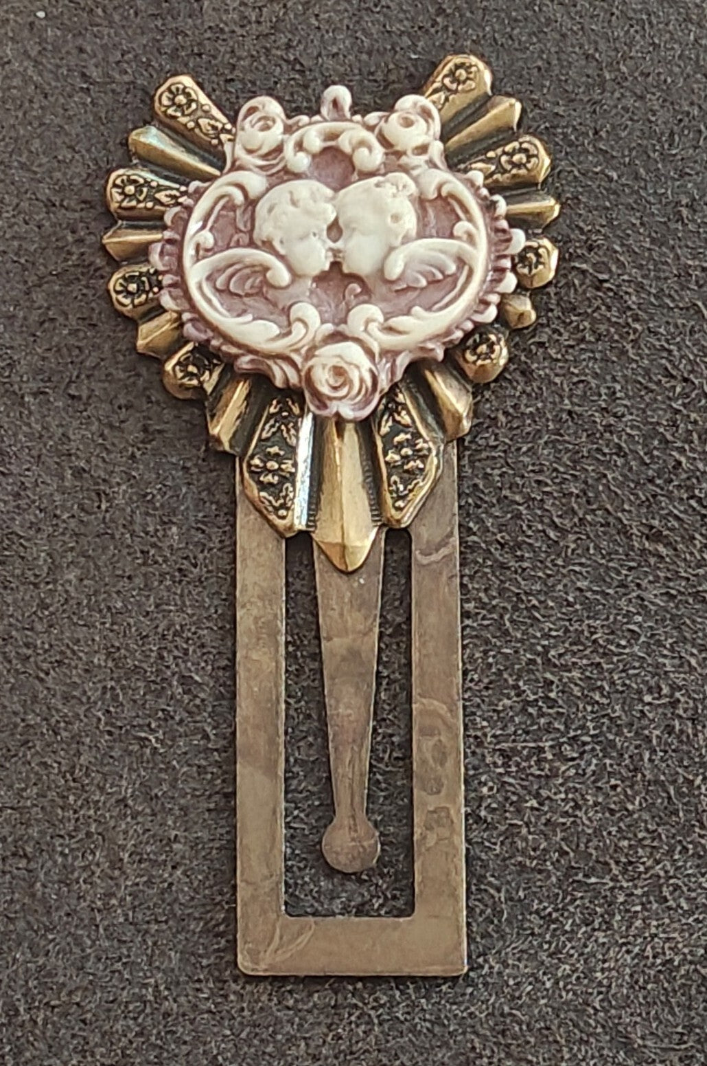 1990s Ornate Brass Cherub Cameo Bookmark/Victorian Revival Page Marker