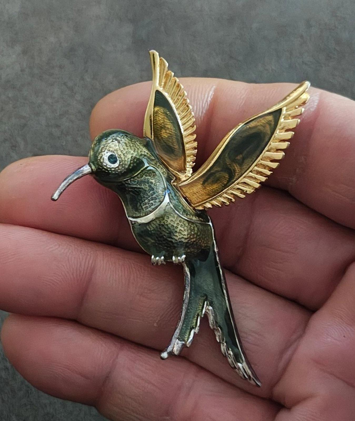 1980's Silver And Gold Tone With Green Enamel Hummingbird Brooch Pin