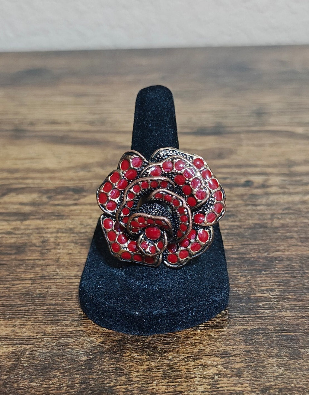 Three Dimensional Vintage Style Red Enamel Rose Statement Adjustable Ring.