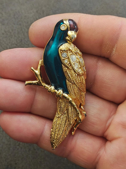 1990s Rare Avon Tropical Bird Gold Tone Enamel With Rhinestones Brooch