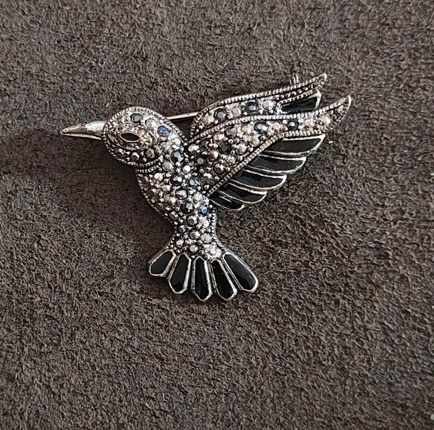 1990s Silver Tone Marcasite With Black Enamel Hummingbird Brooch Pin
