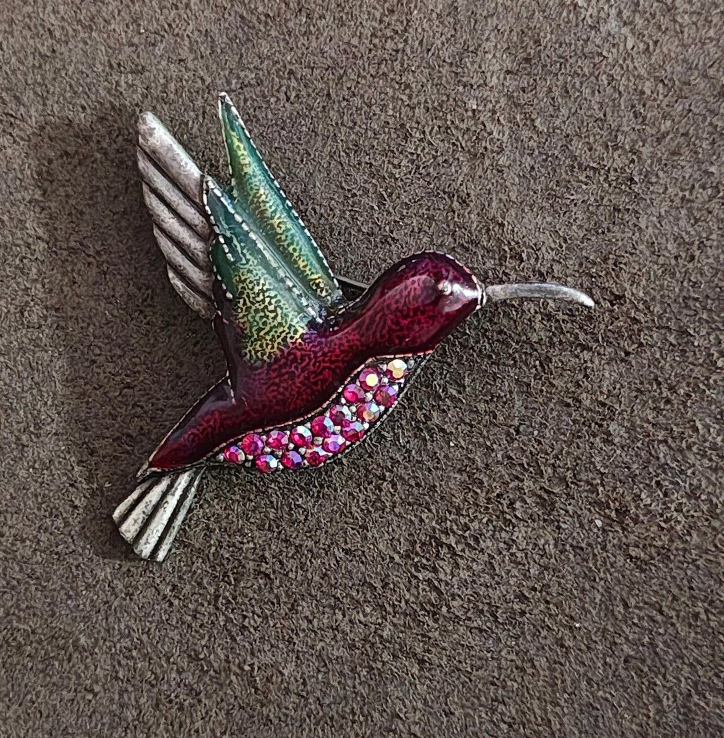 1980's Vintage Silver Tone With Rhinestones Enamel Hummingbird Brooch Pin