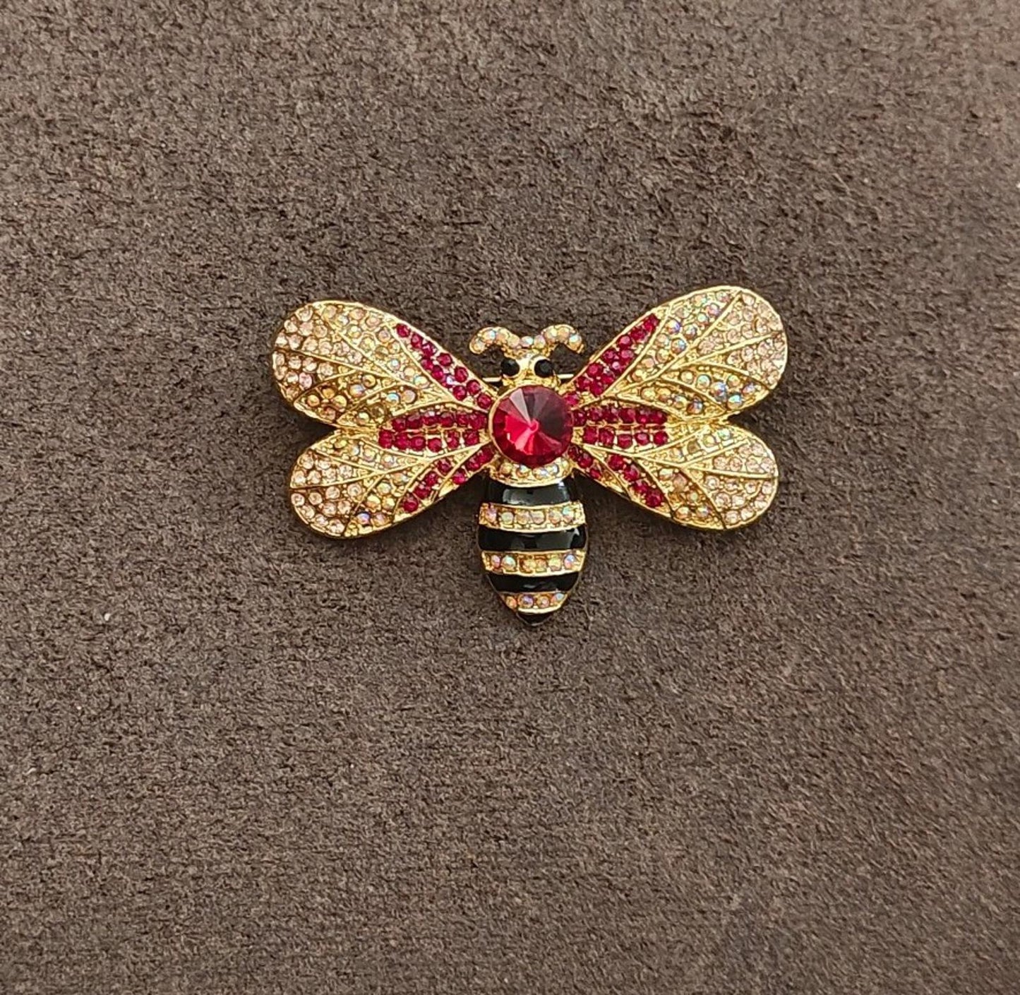 Vintage Bumblebee Style Gold Tone With Sparkling Iridescent and Red Rhinestones Brooch Pin