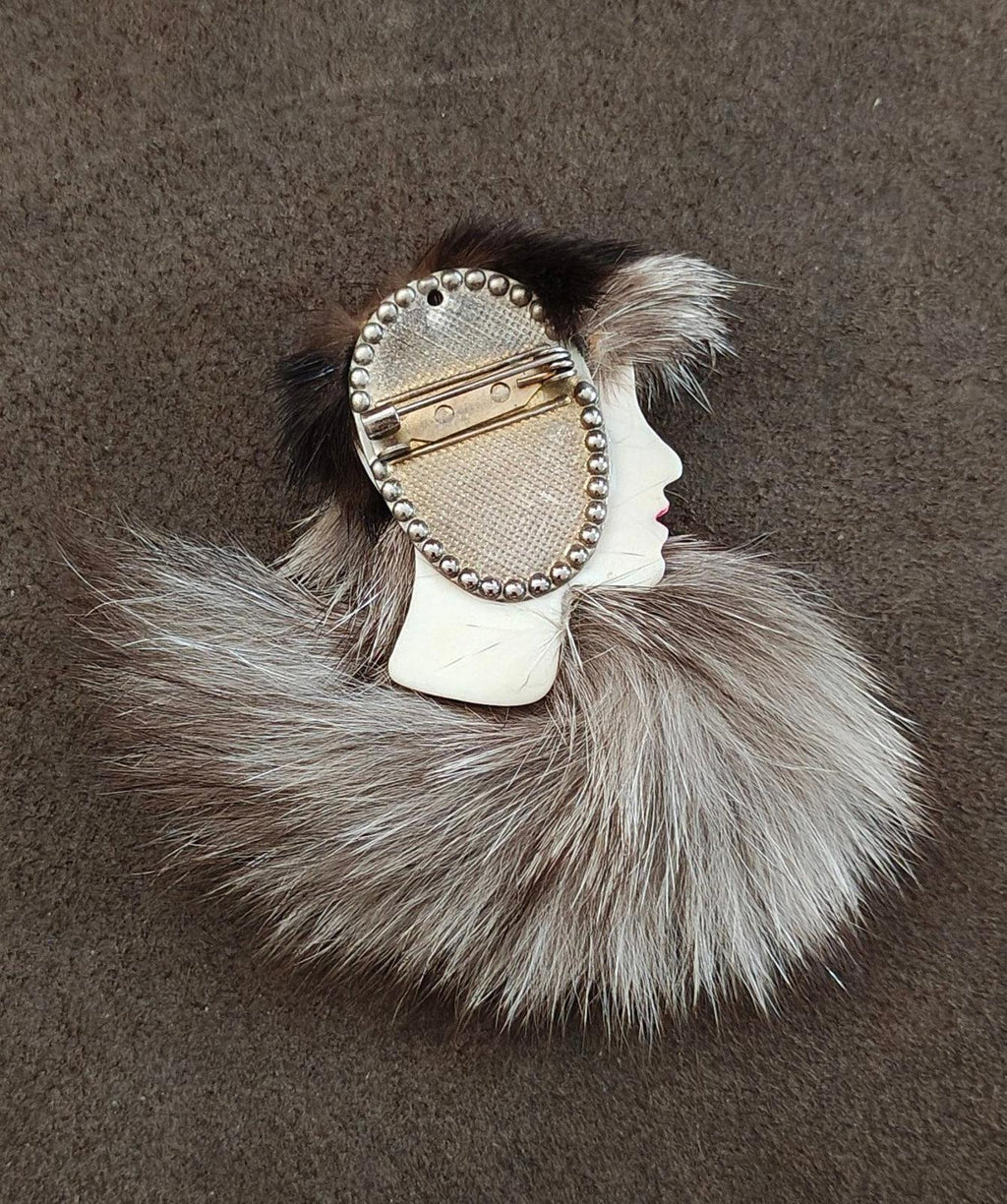1980's Han Shin Fur Co Ltd Porcelain & Real Fur Brooch