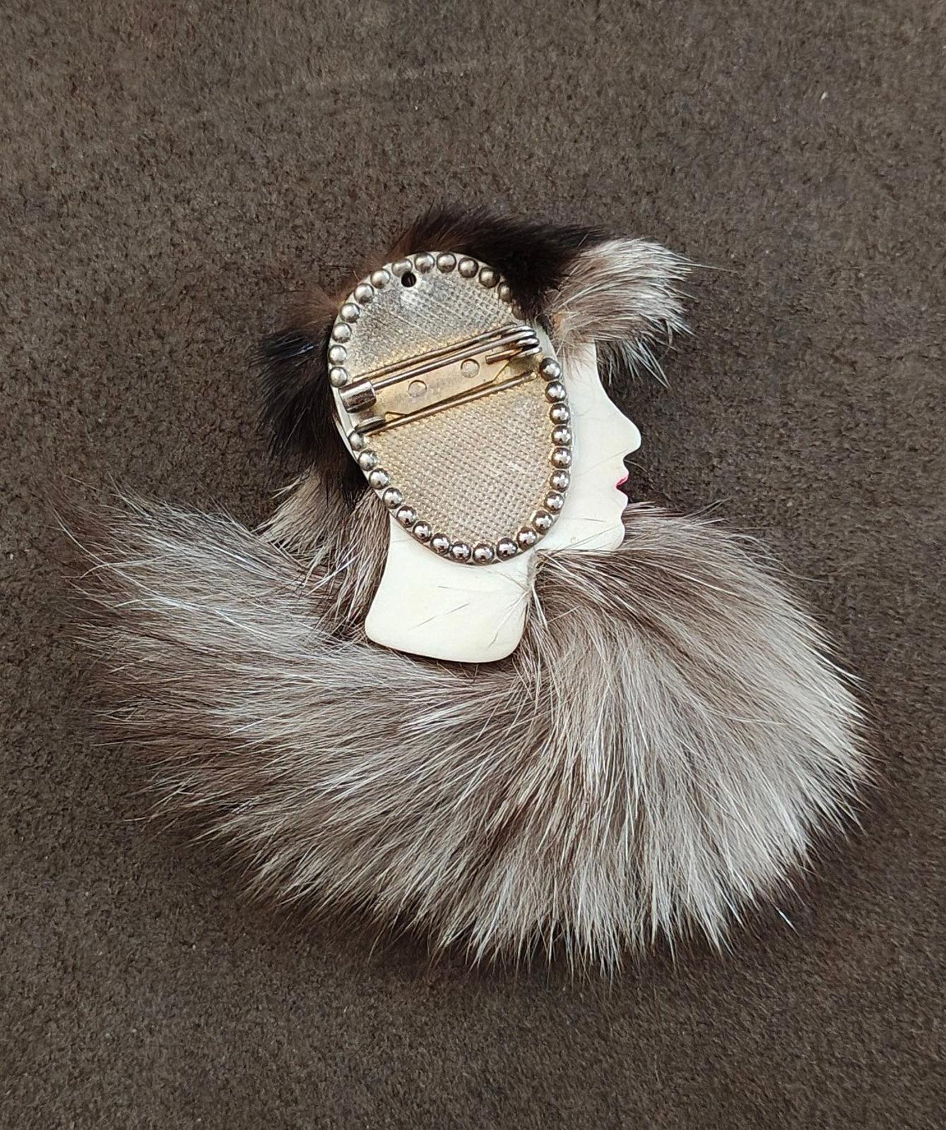 1980's Han Shin Fur Co Ltd Porcelain & Real Fur Brooch
