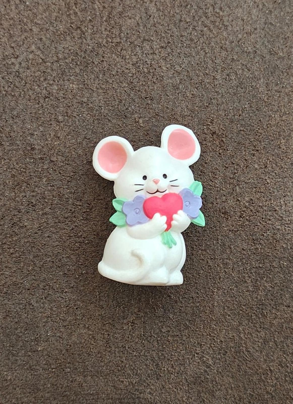 1980s White Mouse Holding a Red Heart and Purple Flowers Valentine's Brooch