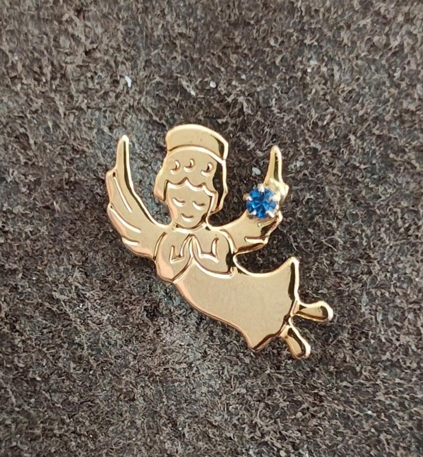 1980s Gold Told Guardian Angel With Small Blue Birthstone Rhinestone Pin