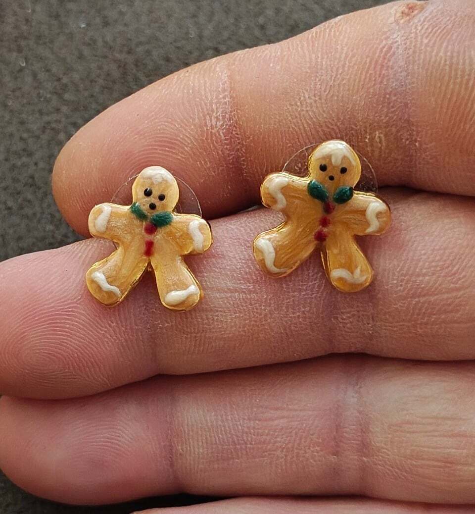 Handpainted Gingerbread Man Gold Tone Stud Earrings