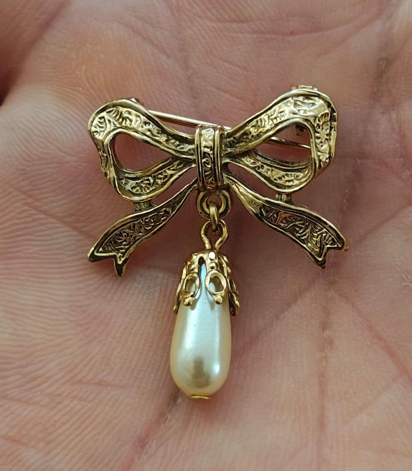 1980s Victorian Revival Embossed Gold Brooch With Dangling Faux Teardrop Pearl