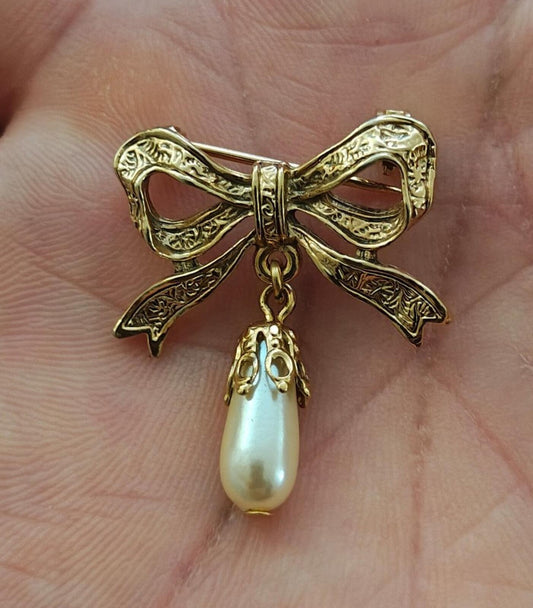 1980s Victorian Revival Embossed Gold Brooch With Dangling Faux Teardrop Pearl