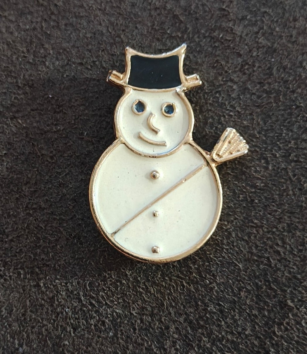 1980s Gold Tone Enamel Holiday Snowman Brooch