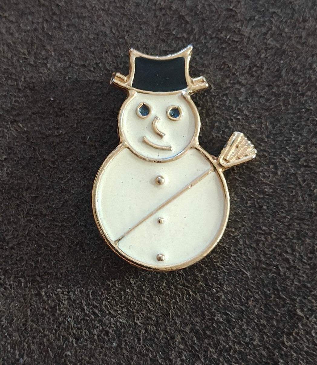 1980s Gold Tone Enamel Holiday Snowman Brooch