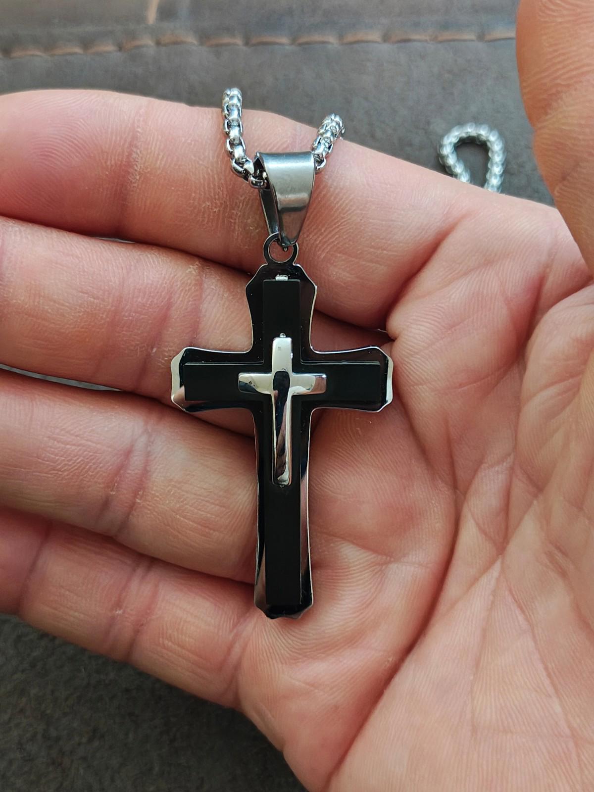 Black and Silver with 26" Silver Tone Chain Cross Pendant Necklace