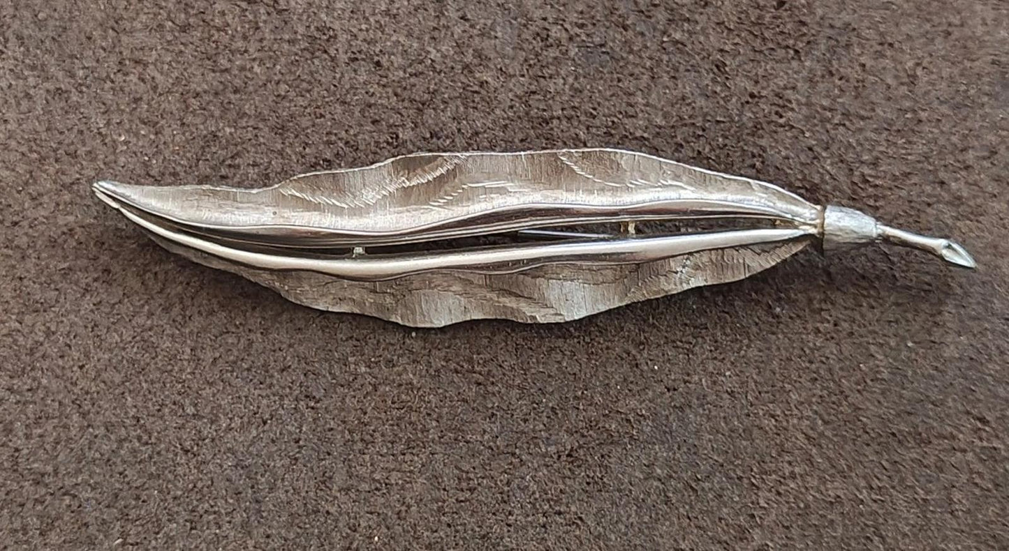 1970s Silver Tone Hand Forged Hammered Leaf Brooch