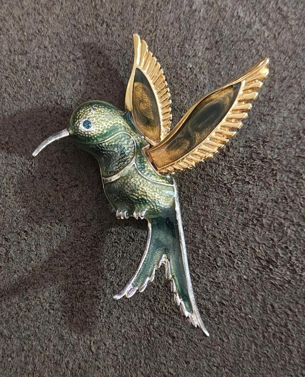 1980's Silver And Gold Tone With Green Enamel Hummingbird Brooch Pin