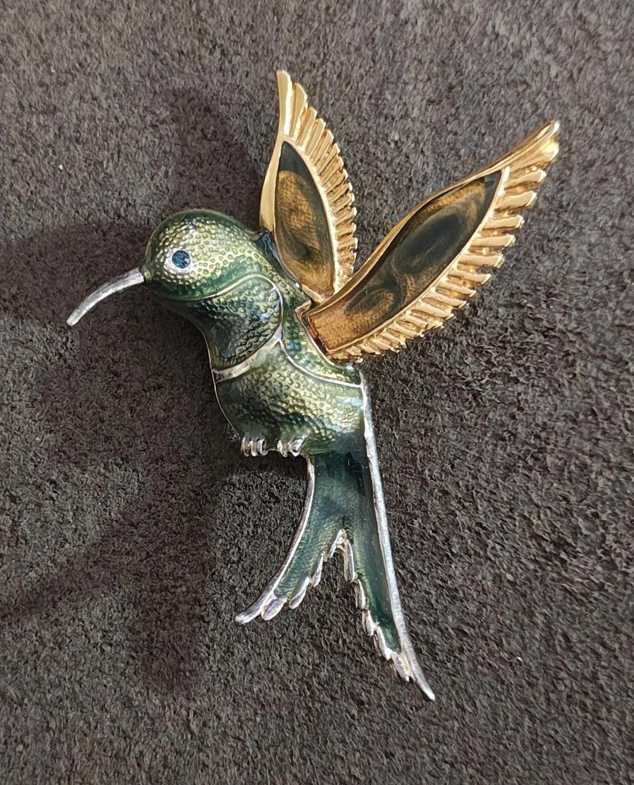 1980's Silver And Gold Tone With Green Enamel Hummingbird Brooch Pin