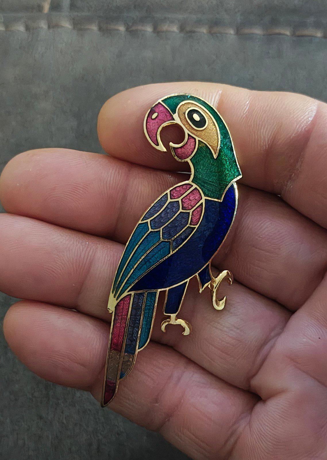 1980s Vintage Gold Tone Cloisonné Enamel Parrot Brooch Pin