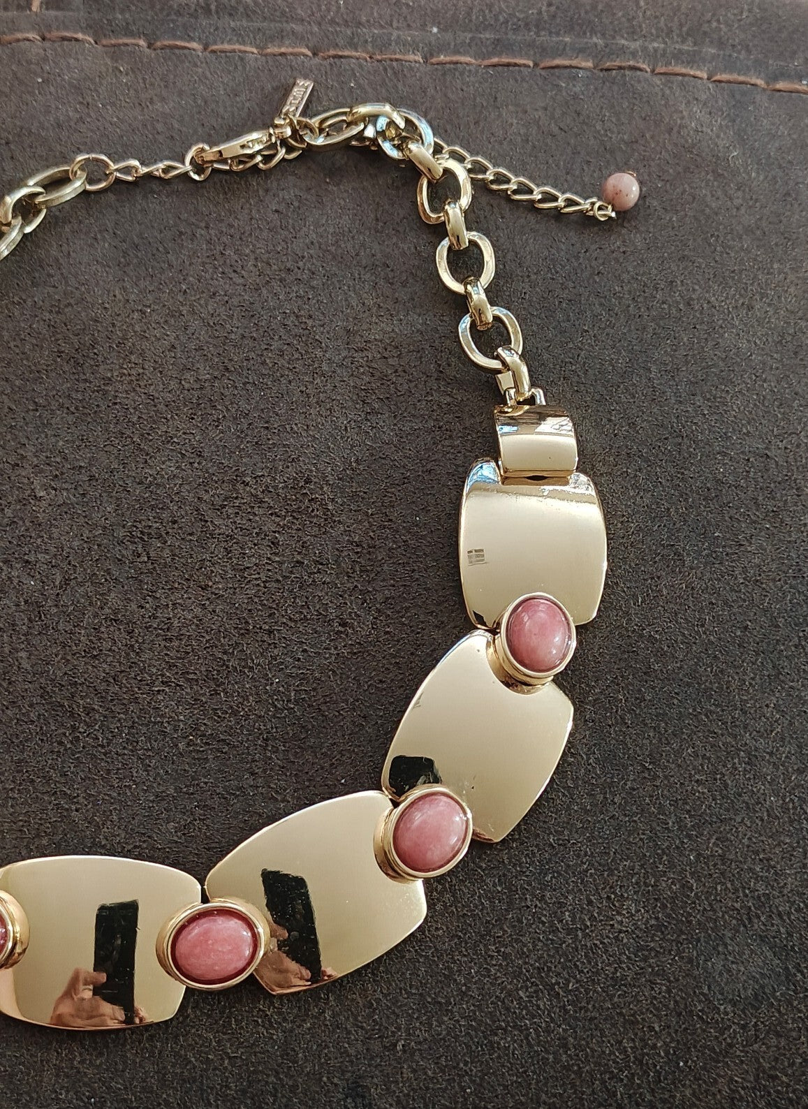 WHBM Gold Tone Rectangular Panel Pink Rhodonite Choker Statement Collar Necklace
