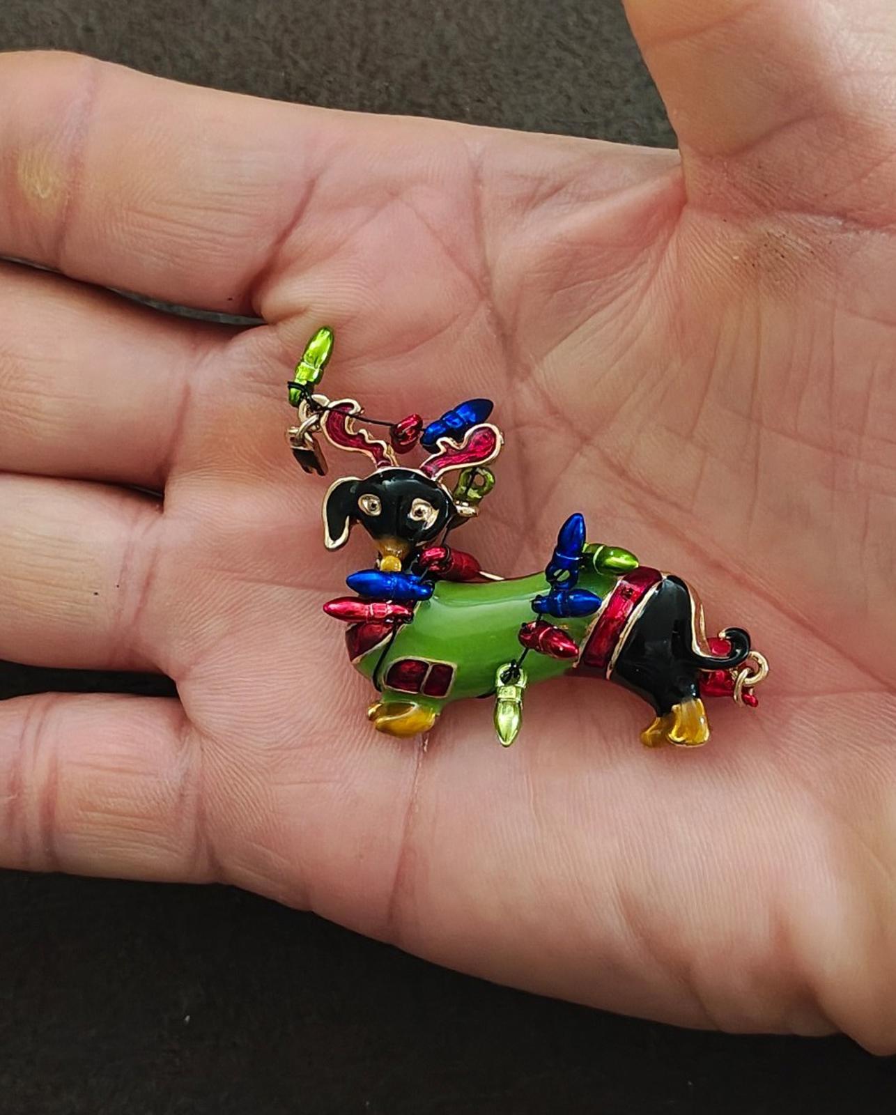 Dachshund Dog Wearing Reindeer Antlers and Wrapped In Colorful Lights Brooch