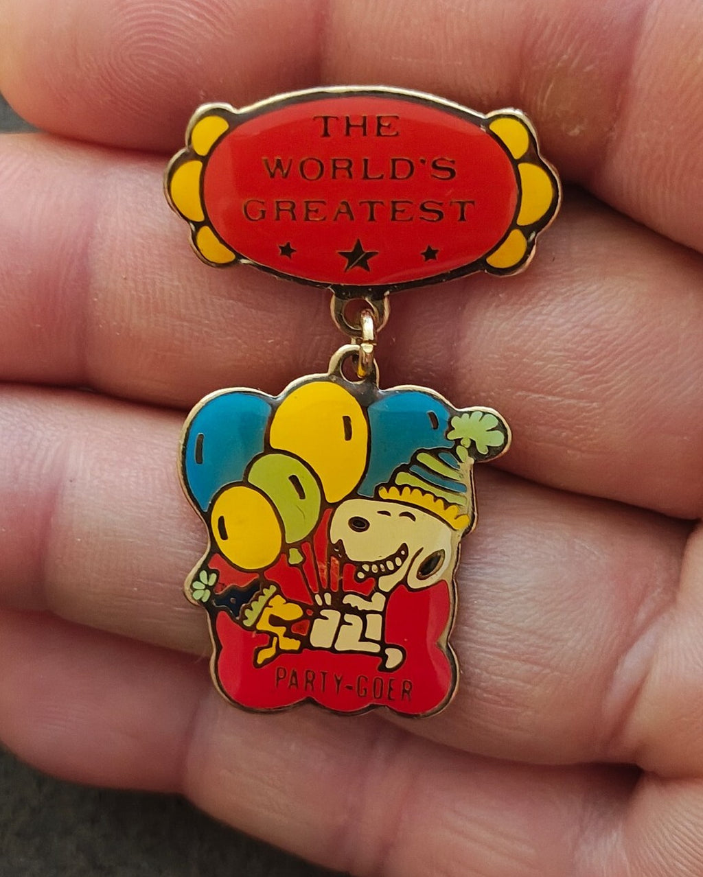 1970s/80s Peanuts Snoopy "World's Greatest Party-Goer" Award Dangle Pin