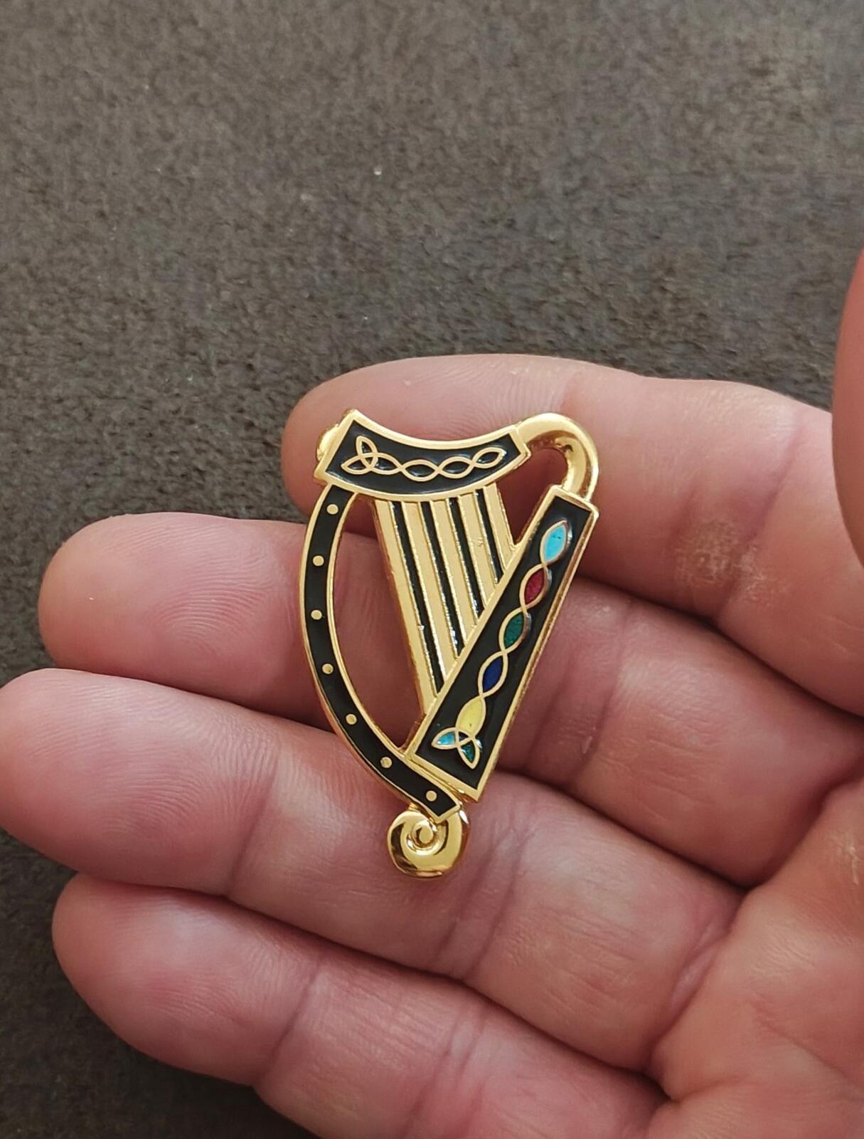 1980s Gold Tone With Black Enamel Irish Celtic Harp