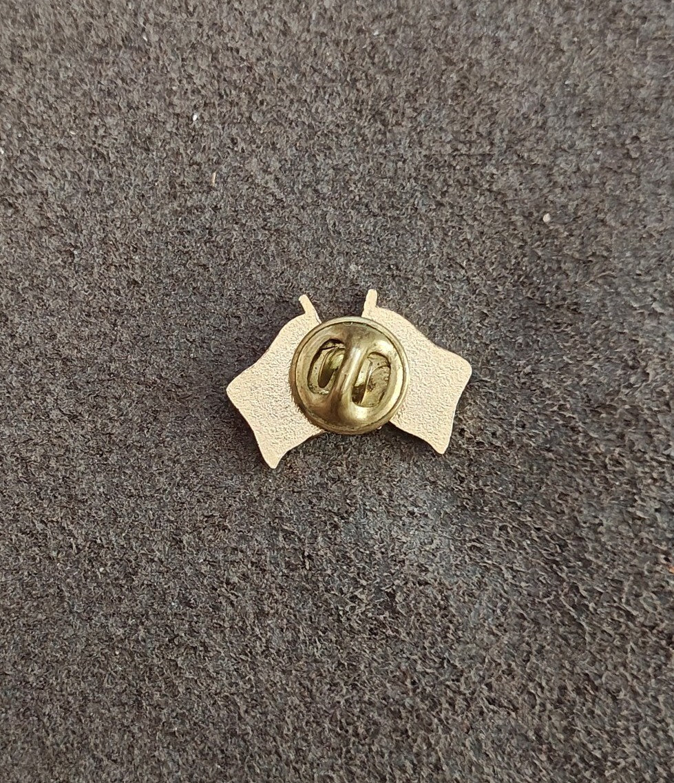 Gold tone pin back with clasp and small stem on a textured surface.