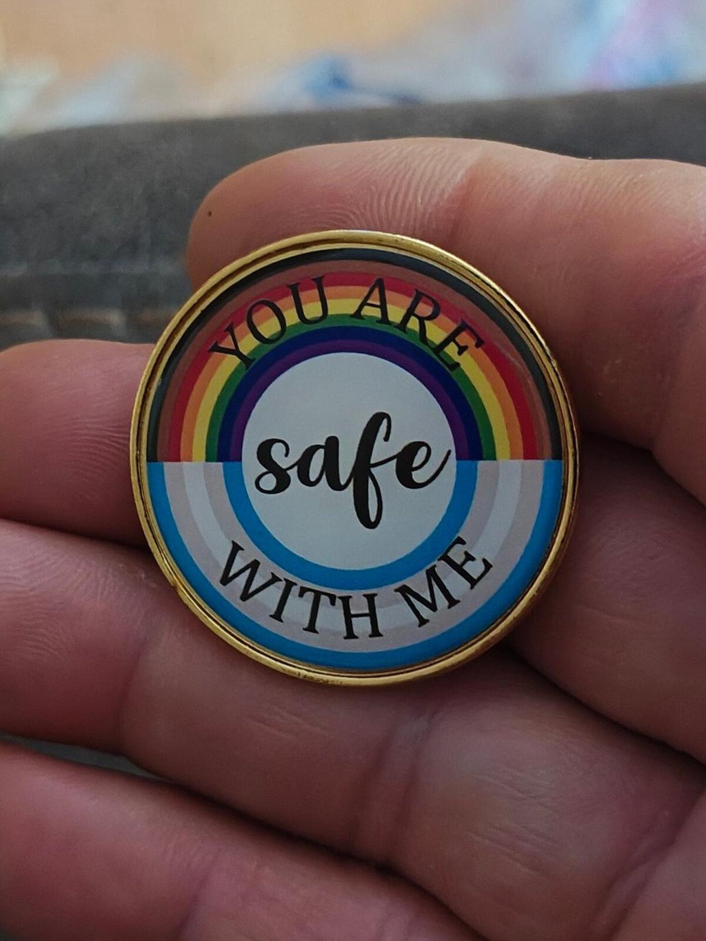 You Are Safe With Me LGBT Rainbow Pride Enamel Gold Tone Pin.