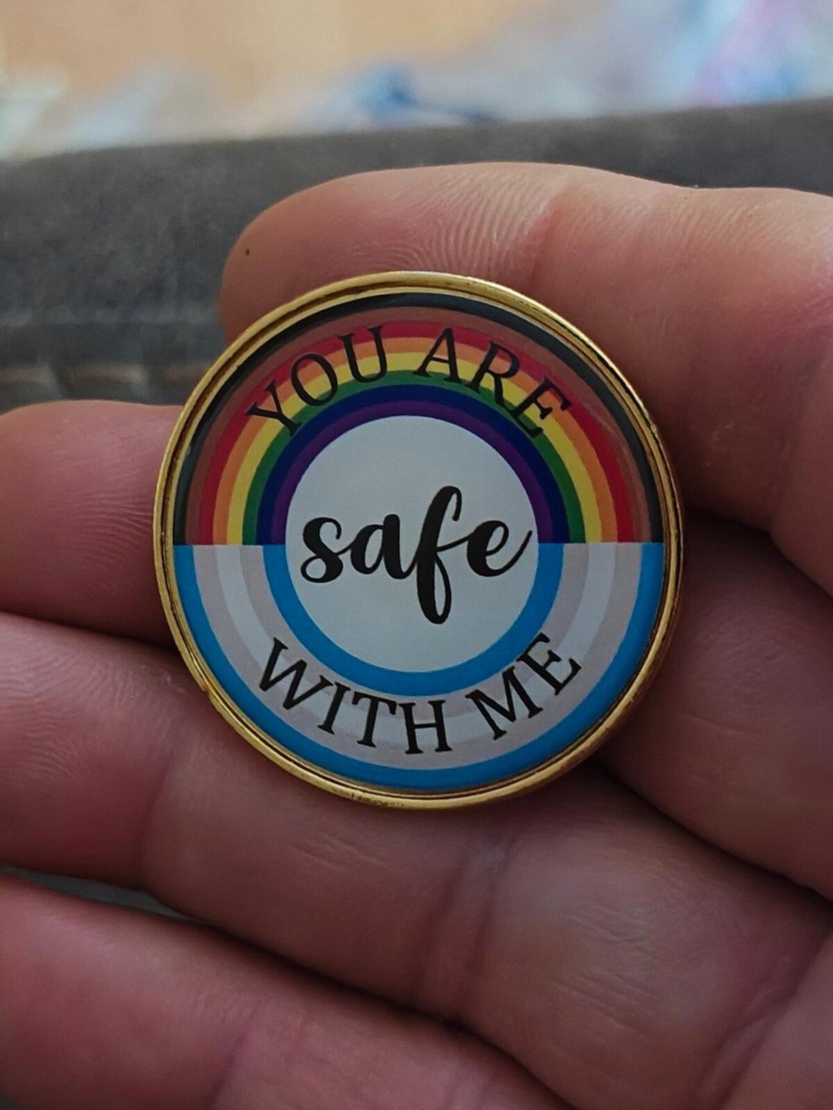 You Are Safe With Me LGBT Rainbow Pride Enamel Gold Tone Pin.
