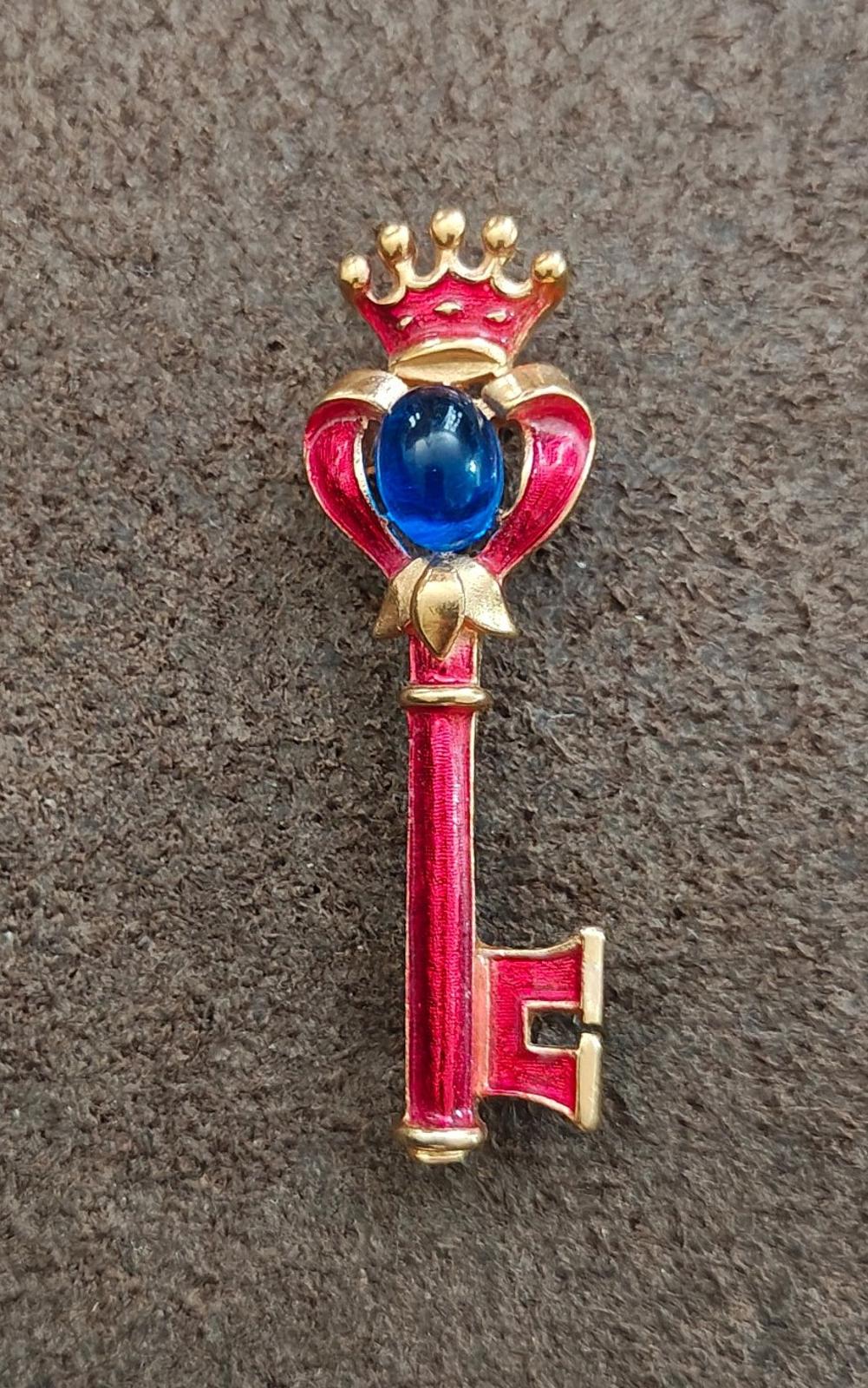 1940s/50s Crown Trifari Gold Tone Key Brooch With Red Enamel and Blue Cabochon