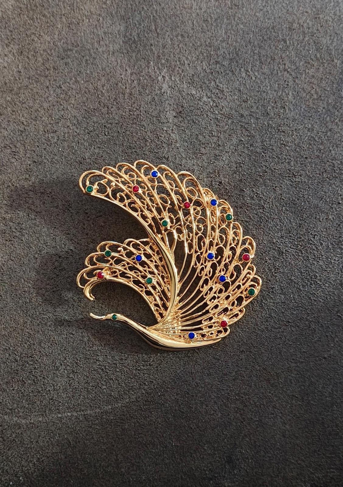 1990's Vintage Large Peacock/Swan Gold Tone Red Blue Green Crystals Brooch Pin