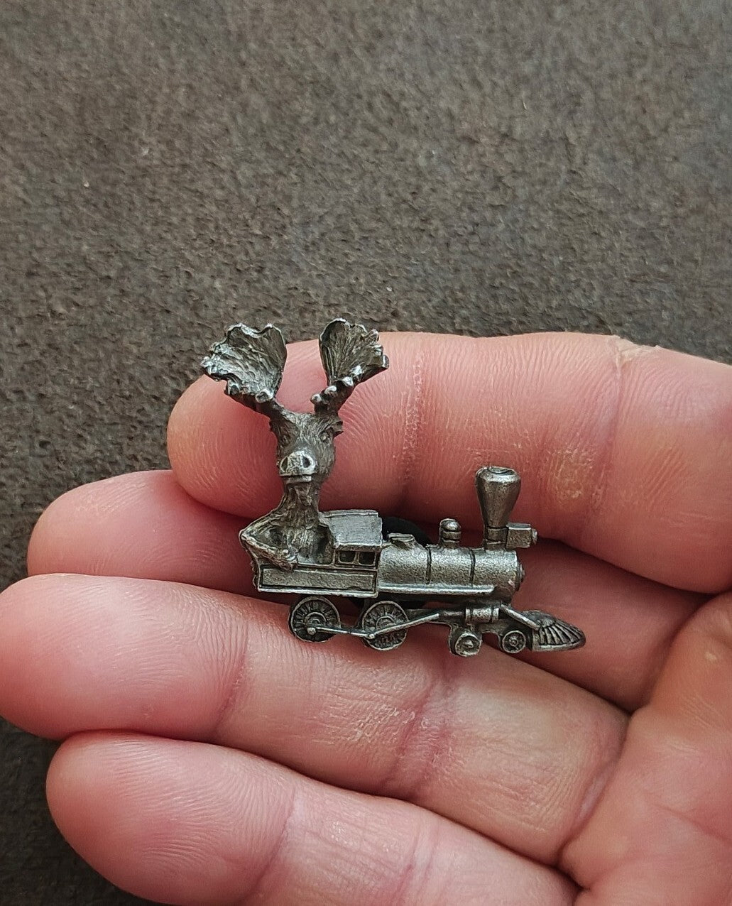 1980s/90s Rare Moose Riding a Locomotive Train Pewter Pin