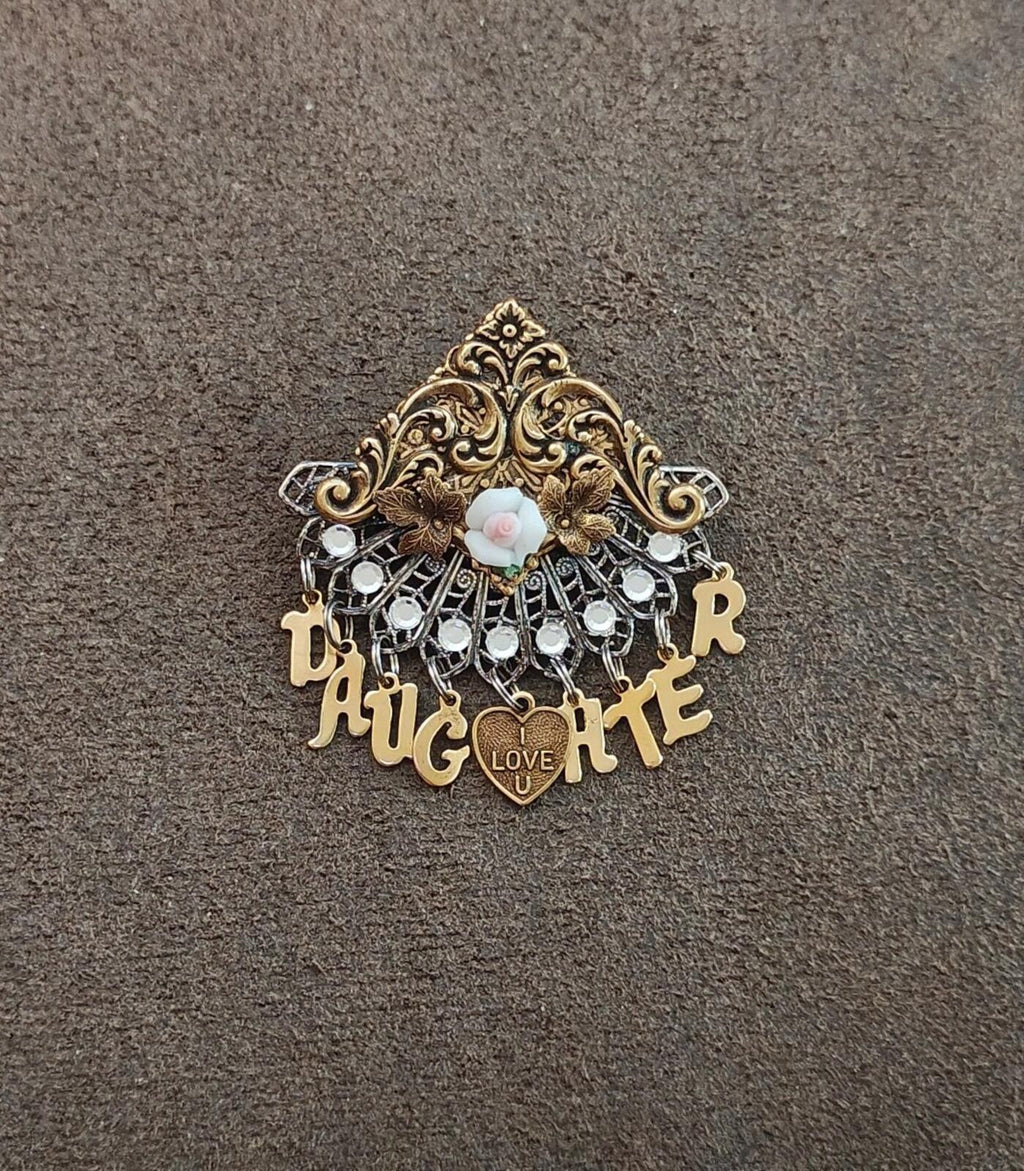 1980s Handcrafted "Daughter" Family Sentiment Gold Tone Dangle Brooch.