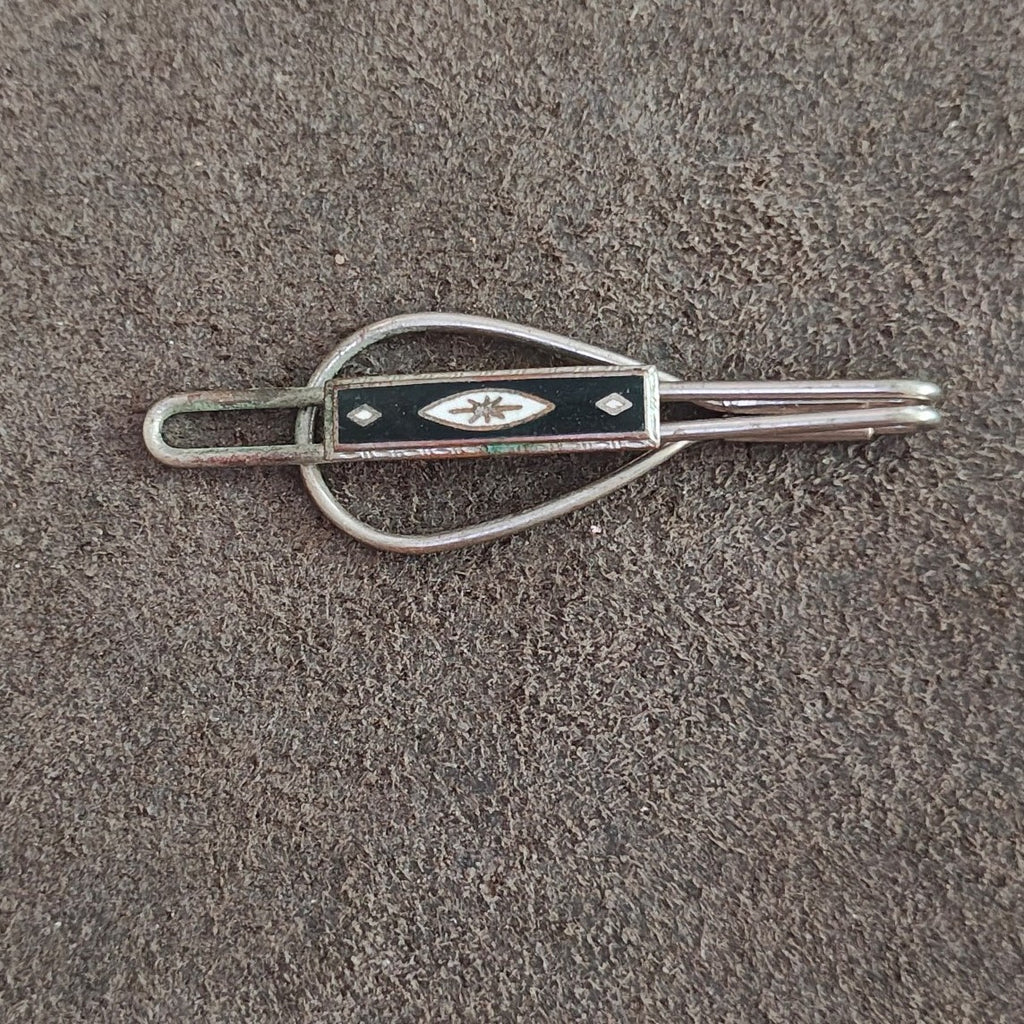 1930s/40s Art Deco Loop Style Silver Tone Black and White Tie Clip