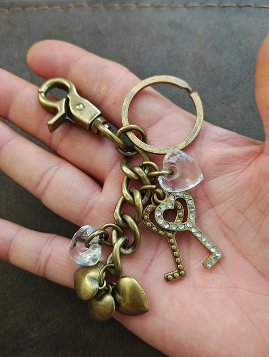 Vintage Inspired Brass Finish Keychain with Heart and Key Charms