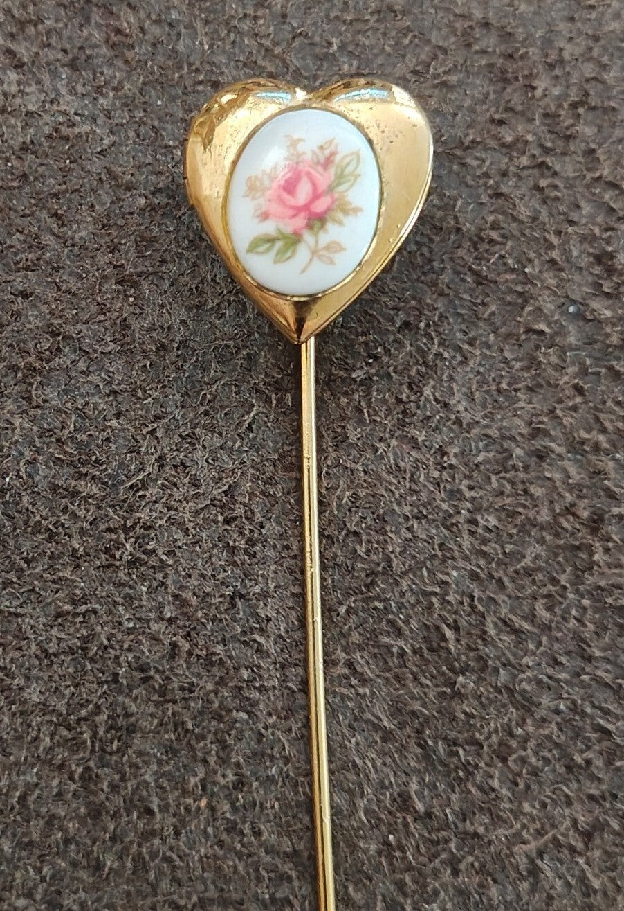 1970s/80s Gold Tone Victorian Revival Style Heart Shaped Floral Locket Stick Pin