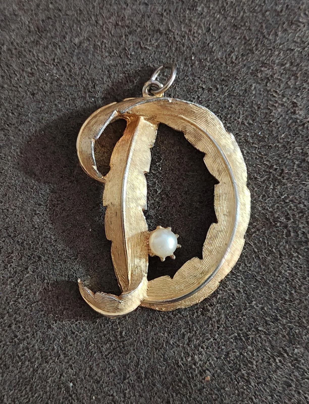 1980's Signed BSK Monogram Initial D With Pearl Gold Tone Pendant