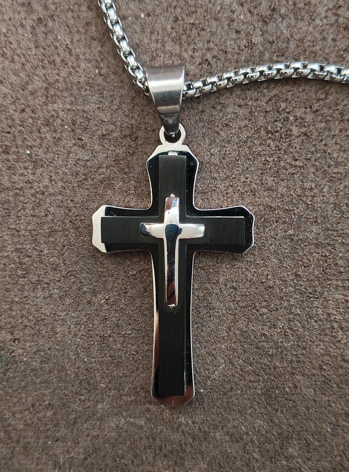 Black and Silver with 26" Silver Tone Chain Cross Pendant Necklace