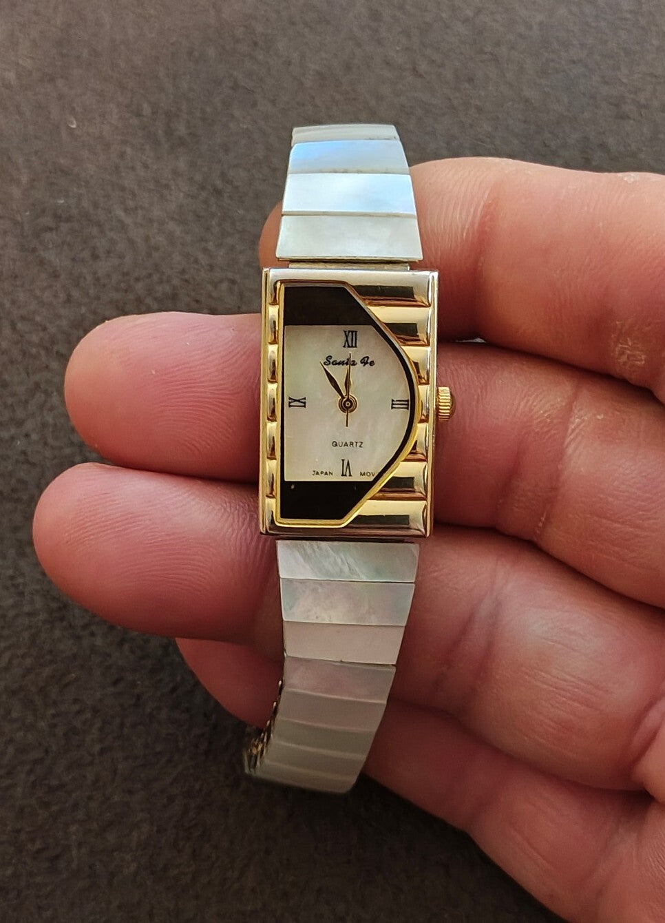 1980s/90s Santa Fe Asymmetric Quartz Women's Watch Mother of Pearl Dial & Band