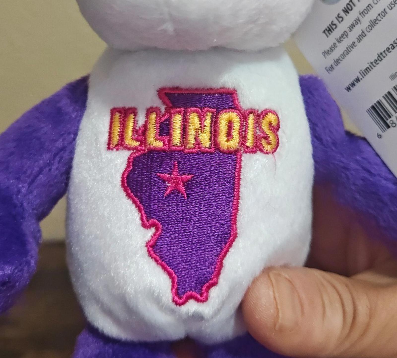 Close-up of plush bear chest patch: “ILLINOIS” with purple state outline and star.