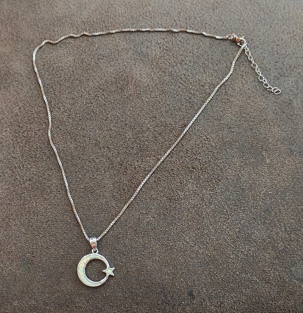Dainty 925 Sterling Silver White Fire Opal Moon & Star Celestial Necklace