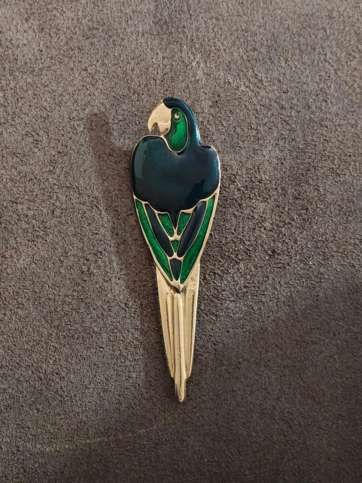 1990's Vintage Gold Tone Blue Green Enamel Parrot Brooch Pin